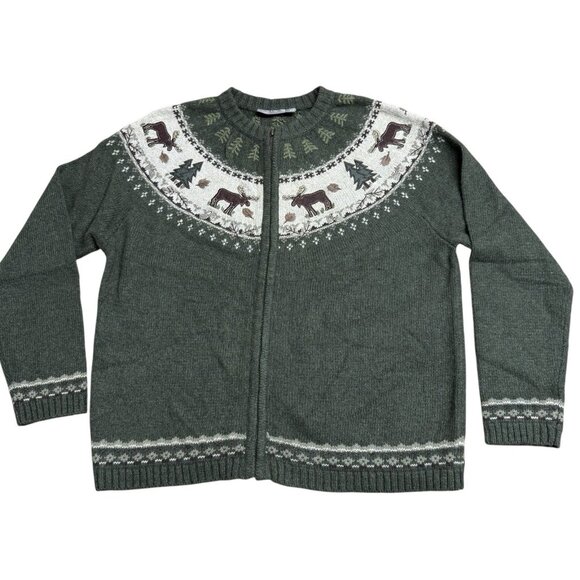 CROFT & BARROW SWEATER FULL ZIP EMBROIDERED MOOSE EVERGREEN KNIT WINTER SZ S NEW - Picture 1 of 10